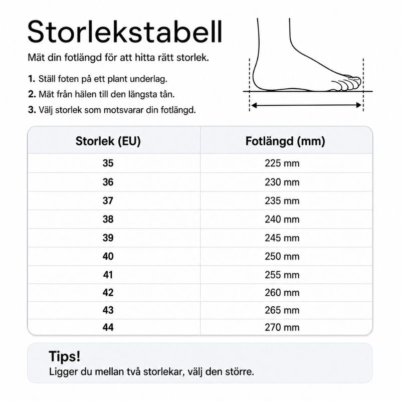 Storlekstabell för fotbollsskor: EU-storlek och fotlängd i mm