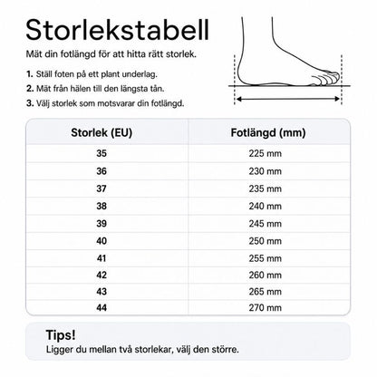 Storlekstabell för fotbollsskor: EU-storlek och fotlängd i mm