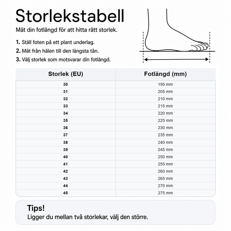 Storlekstabell för fotbollsskor: EU-storlek och fotlängd i millimeter.