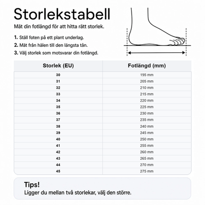 Storlekstabell för fotbollsskor: EU-storlek och fotlängd i millimeter.