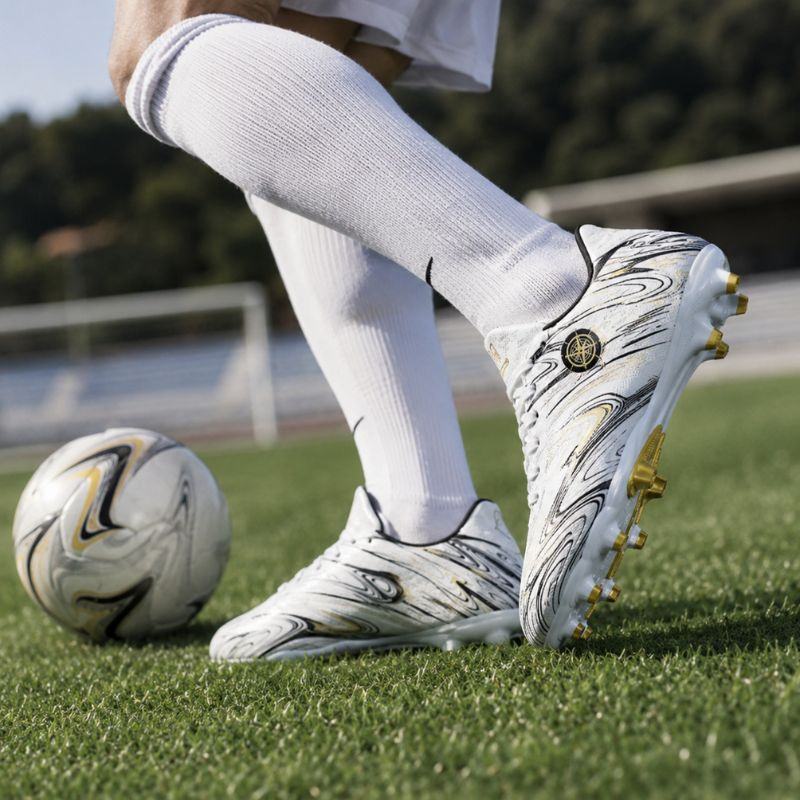 Fotbollssko med dobbar på gräs: vit ovandel med mörkt mönster och gulddetaljer