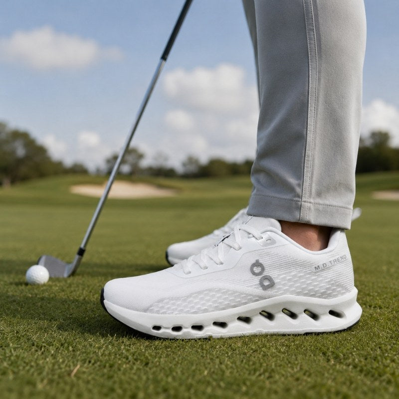 Vita golfskor i textil med snörning och dämpad sula med räfflade hål