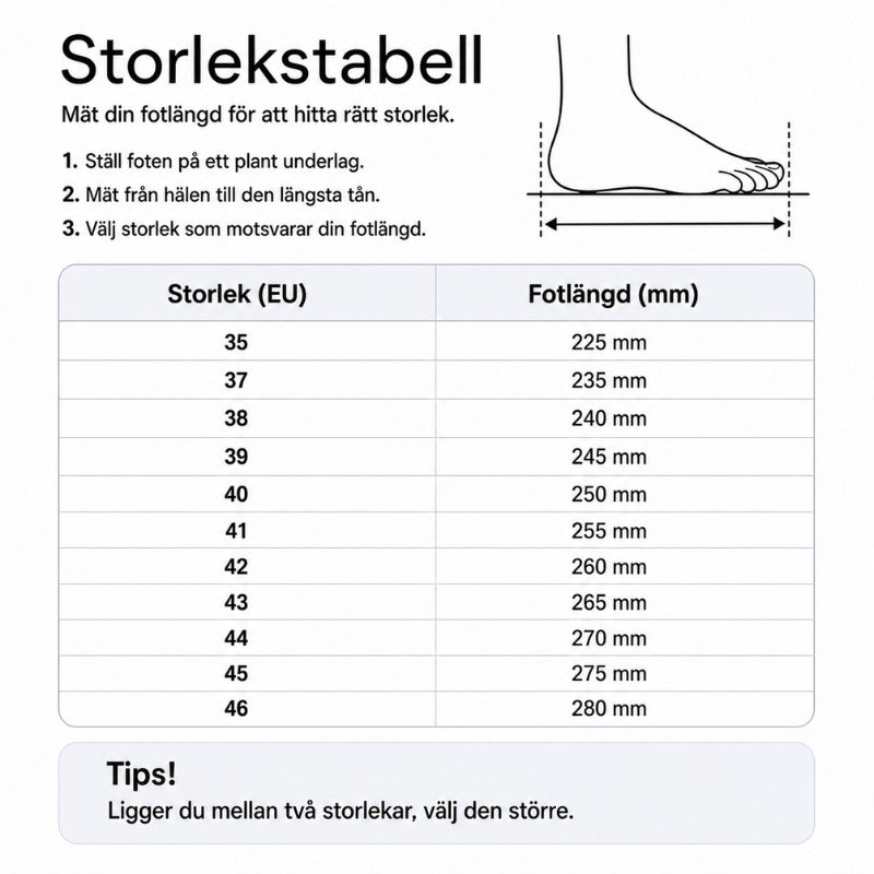 Storlekstabell (EU) med fotlängd i mm för golfskor