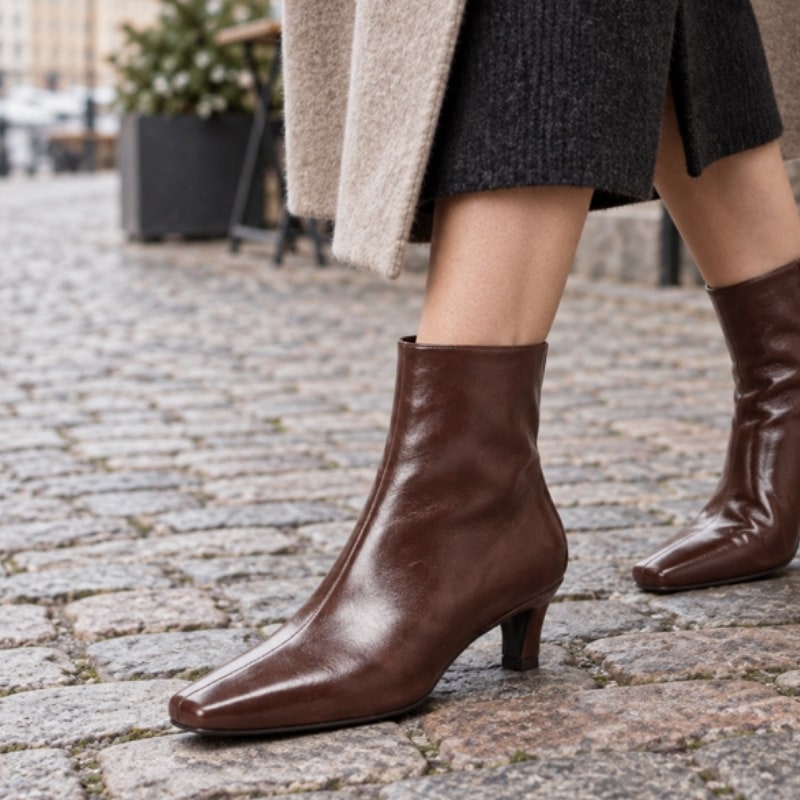 Bruna damankelboots med låg klack, slät läderlook och snörfri ovandel