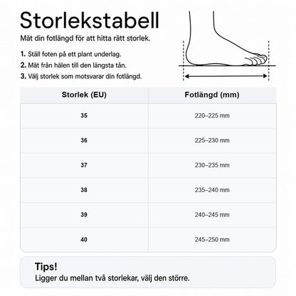 Storlekstabell för ankelboots: fotlängd i mm och EU-storlekar 35–40