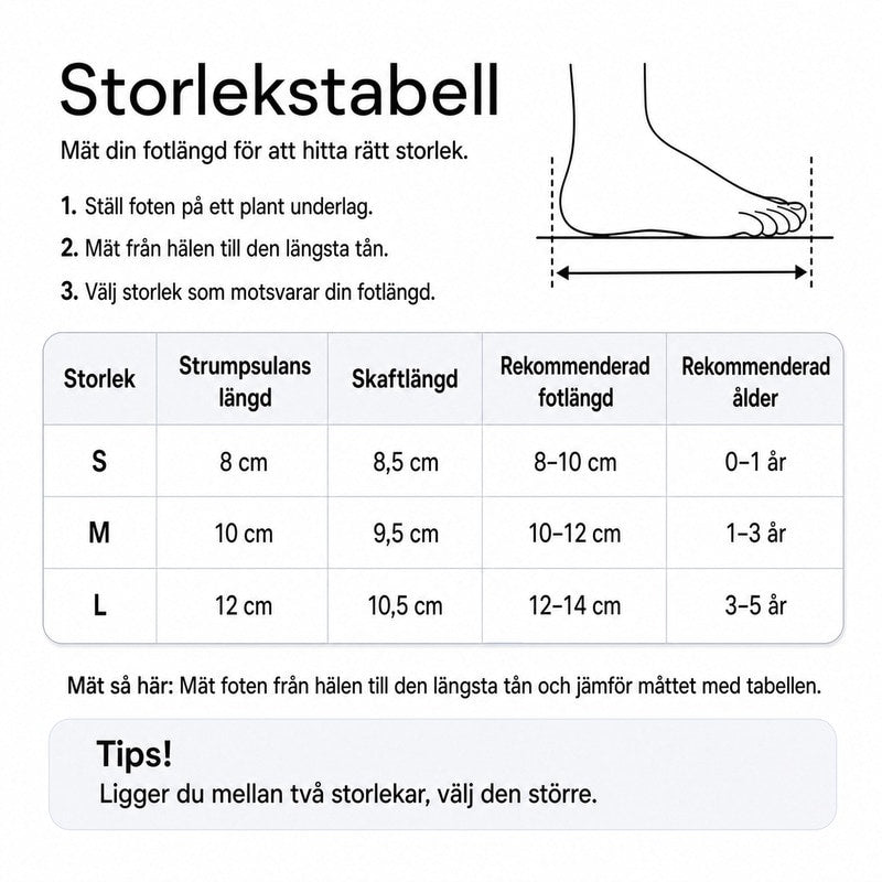 Storlekstabell för babystrumpor med mått för strumpsulans längd och skafthöjd