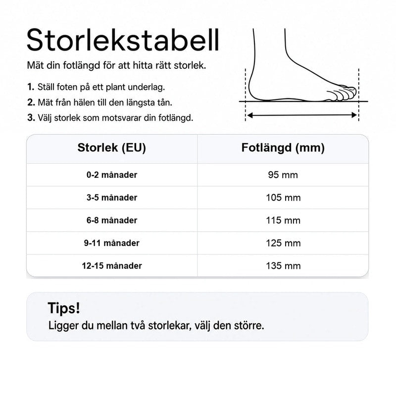 Storlekstabell för babytossor med mått i millimeter och åldersintervall