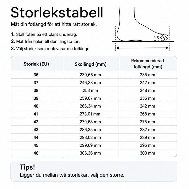 Storlekstabell för vattenskor med skohängsmått och rekommenderad fotlängd