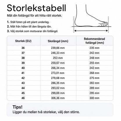Storlekstabell för vattenskor med skohängsmått och rekommenderad fotlängd