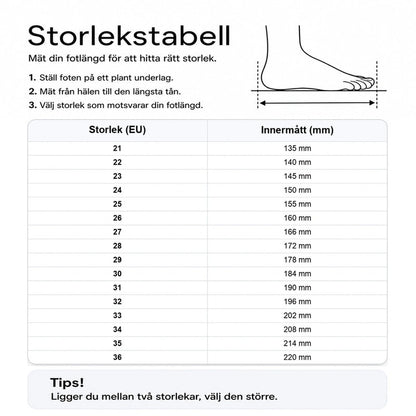 Storlekstabell för barnskor med innermått i millimeter (EU-storlekar 21–36).
