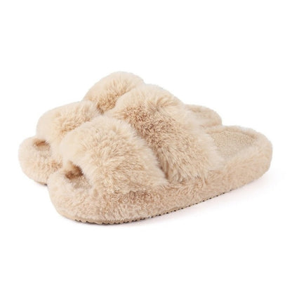 Beiga fluffiga tofflor med dubbla remmar och brun sula, mjuk päls