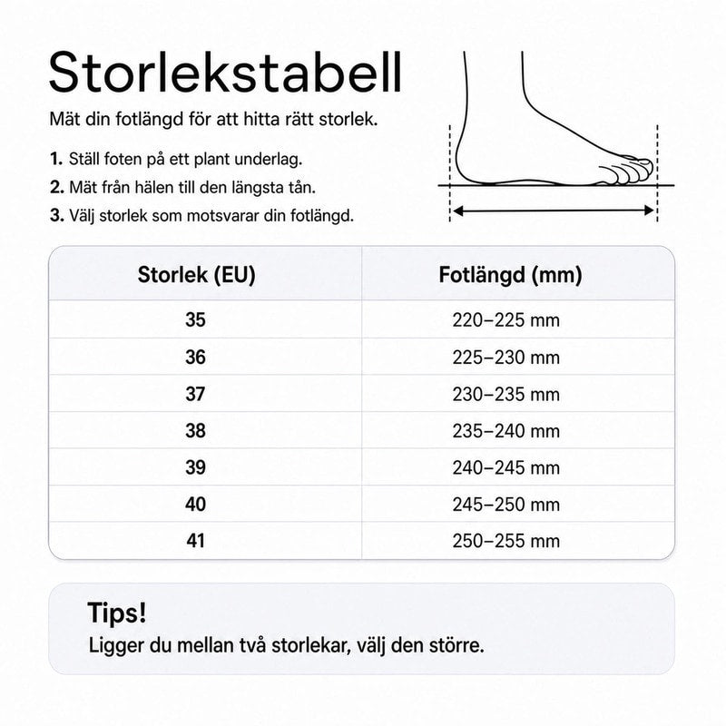 Storlekstabell för tofflor: EU-storlek och fotlängd i mm