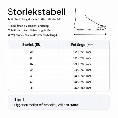 Storlekstabell för tofflor: EU-storlek och fotlängd i mm