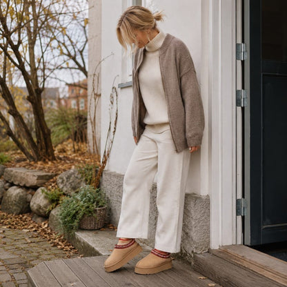 Fodrade höstskor i beige med platåsula, röda snörkantdetaljer och lockig foder