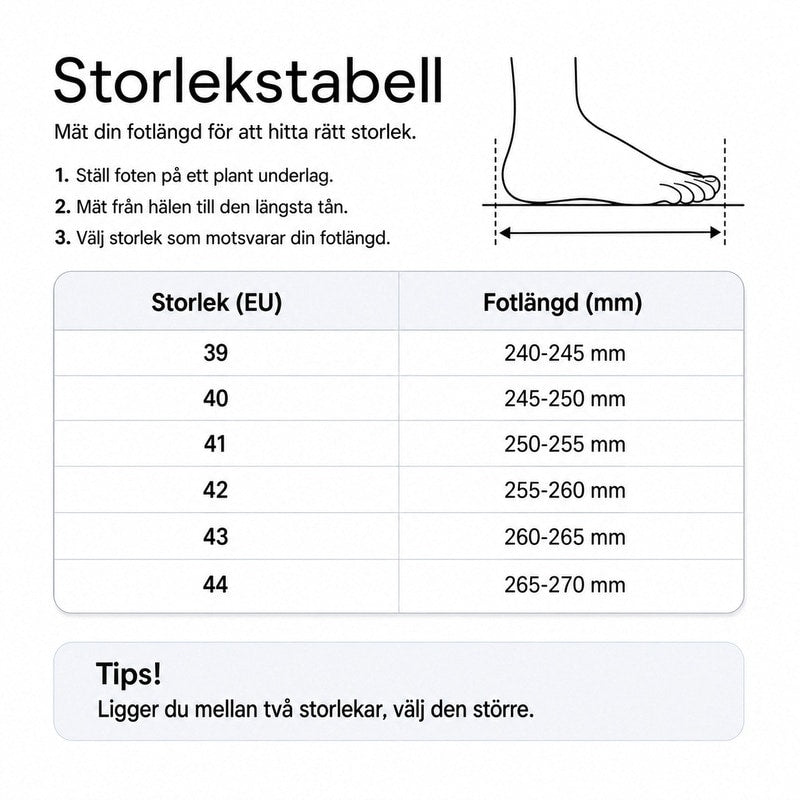 Storlekstabell för fodrade stövlar: EU-storlek och fotlängd (mm)