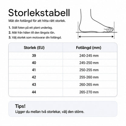 Storlekstabell för fodrade stövlar: EU-storlek och fotlängd (mm)
