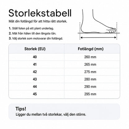 Storlekstabell: EU-storlek och fotlängd i mm för herrfriluftsskor