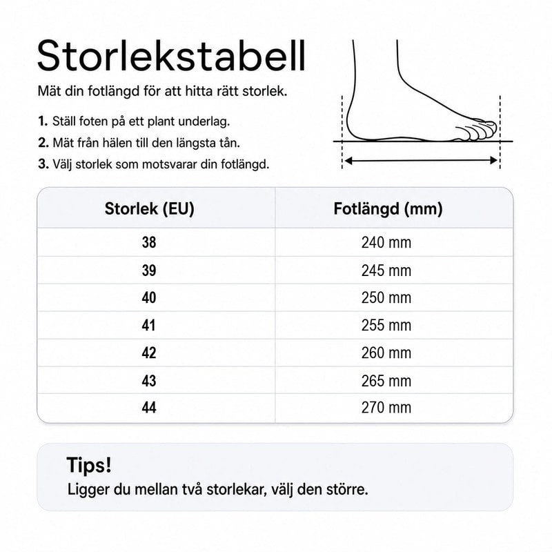 Storlekstabell med EU-storlekar och fotlängd i millimeter för skorna