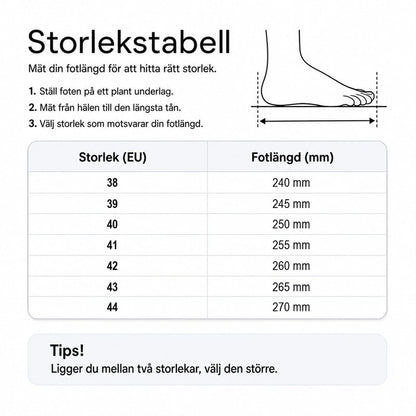 Storlekstabell med EU-storlekar och fotlängd i millimeter för skorna