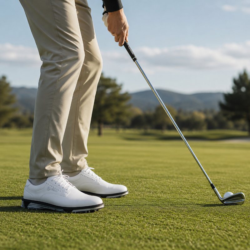 Vita golfskor för herr med spikad sula, sedda vid golfslag