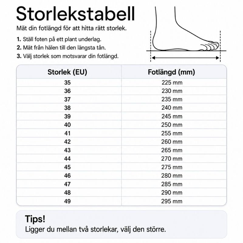 Storlekstabell med EU-storlek och fotlängd i mm för höstkängor