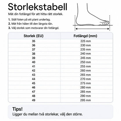 Storlekstabell med EU-storlek och fotlängd i mm för höstkängor
