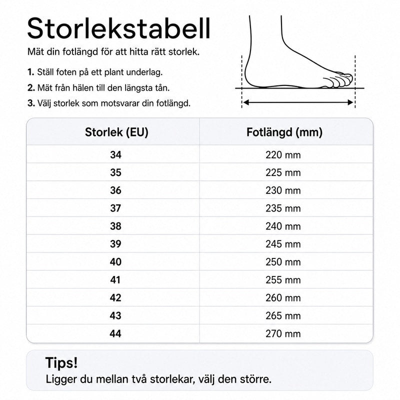 Storleksstabell för sneakers: EU 34–44 och fotlängd i mm