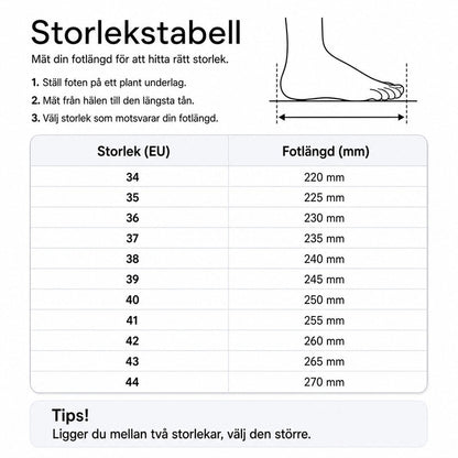 Storleksstabell för sneakers: EU 34–44 och fotlängd i mm