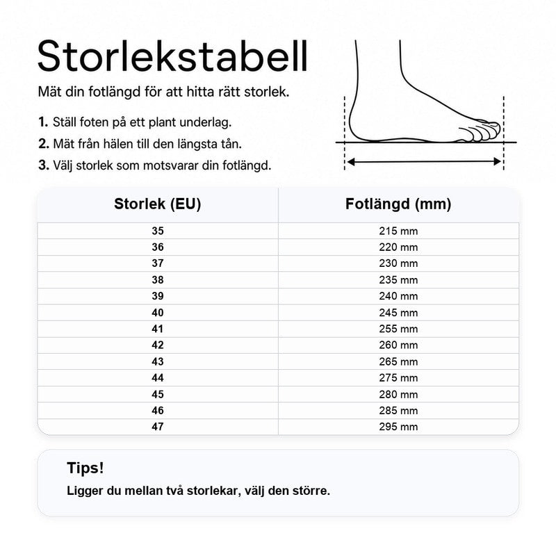 Storlekstabell för löparskor: EU-storlek och fotlängd i mm