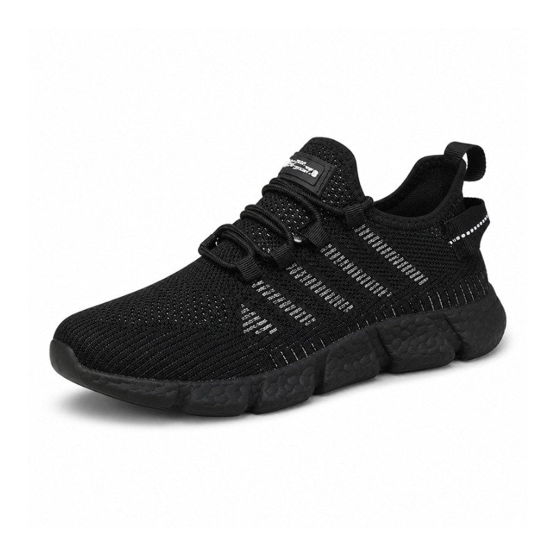 Svarta sneakers i ventilerande mesh med vit sula och textilmönstrad undersida