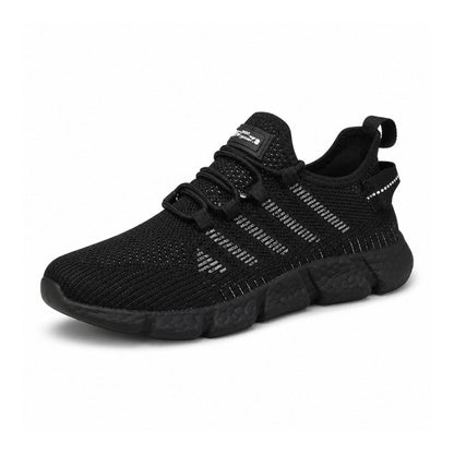 Svarta sneakers i ventilerande mesh med vit sula och textilmönstrad undersida