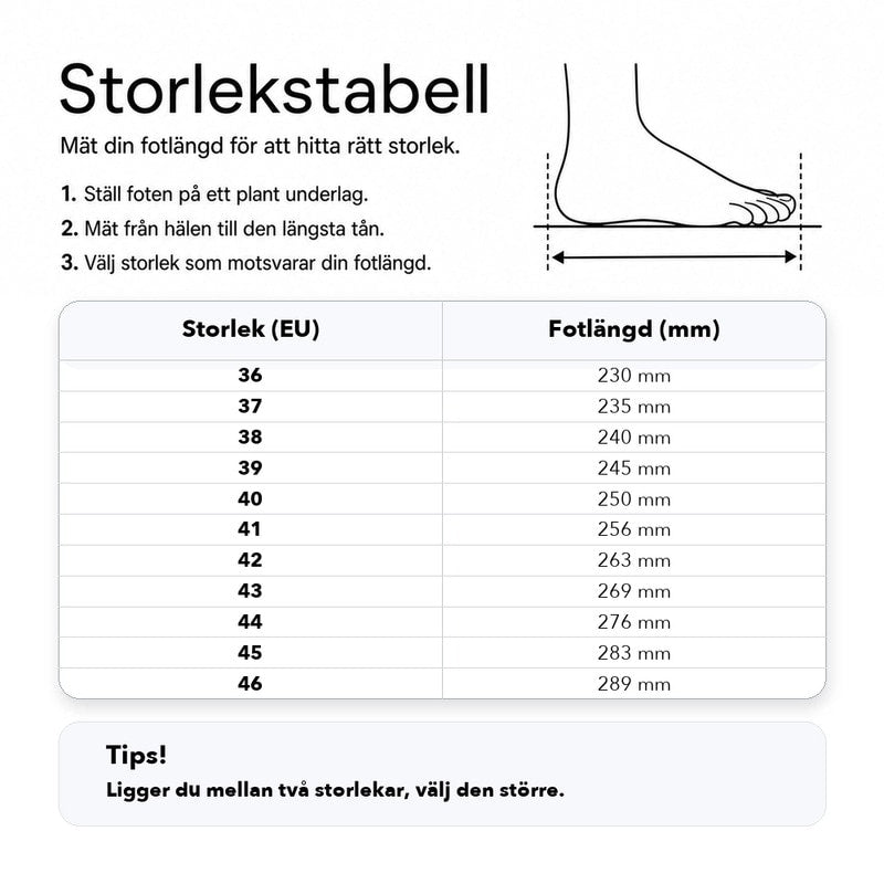 Storlekstabell för sneakers: EU-storlek 36–46 och fotlängd i mm