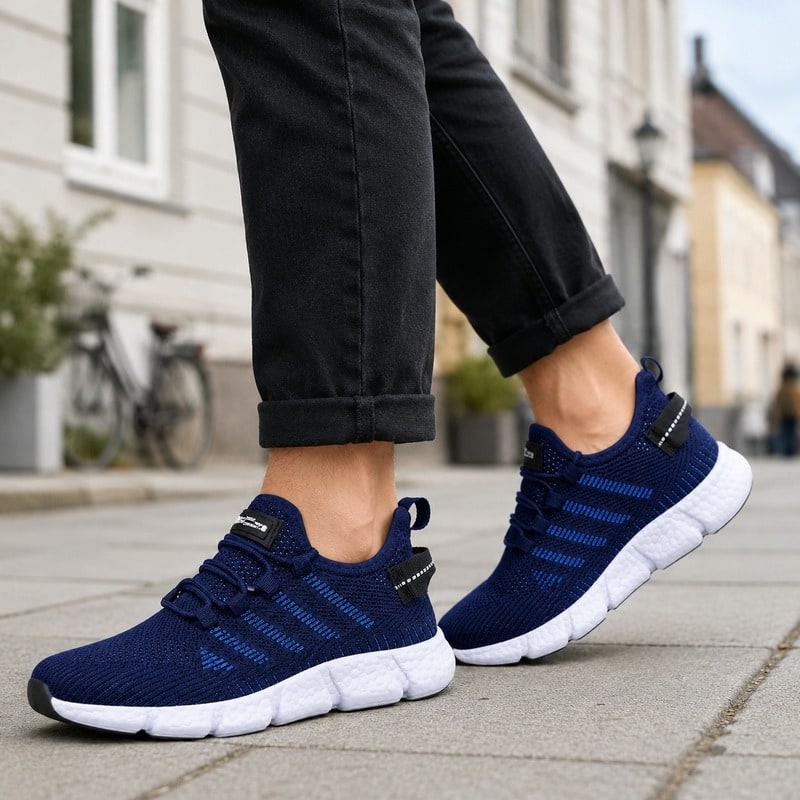 Blå sneakers i ventilerande mesh med vit sula och kardborre vid hälen