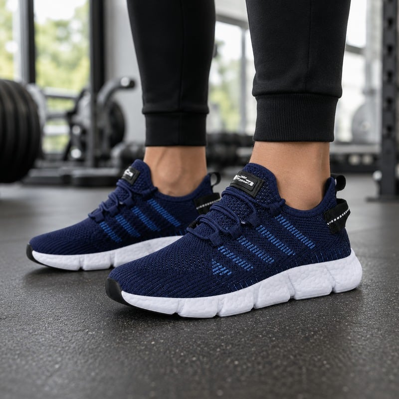 Blå lätta sneakers i ventilerande mesh med vit sula, remmar och snörning