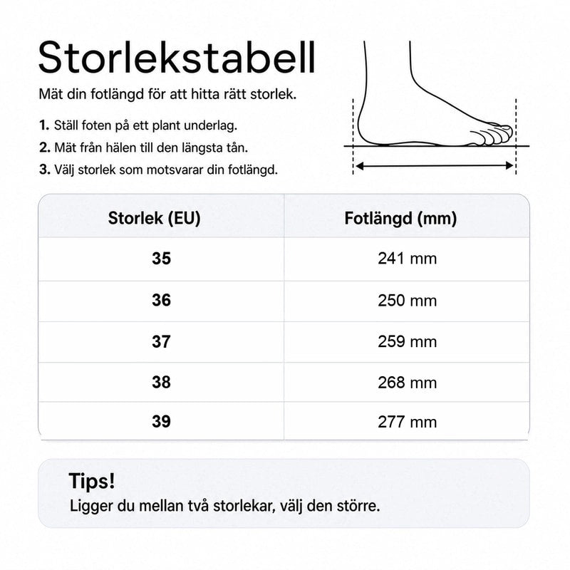 Storlekstabell för tofflor: EU 35–39 med fotlängd 241–277 mm