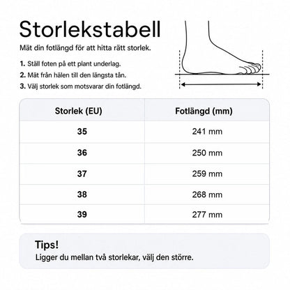 Storlekstabell för tofflor: EU 35–39 med fotlängd 241–277 mm
