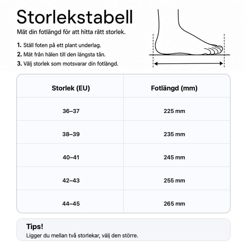 Storlekstabell för innetoffel: EU-storlek och fotlängd i mm