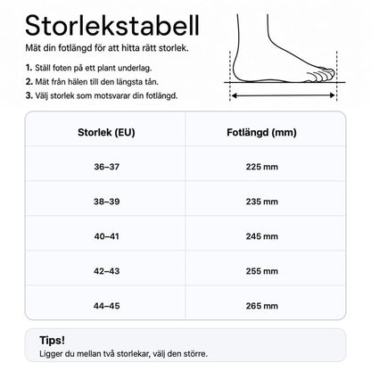 Storlekstabell för innetoffel: EU-storlek och fotlängd i mm