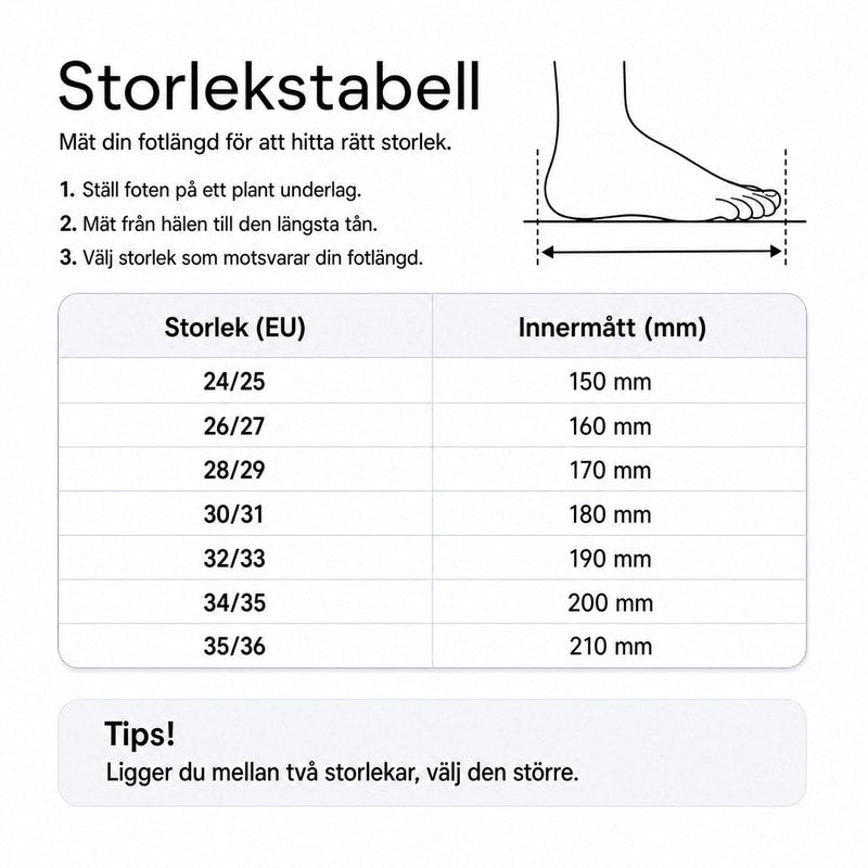 Storlekstabell för kanintofflor: EU-storlek och innermått i mm