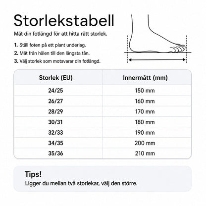 Storlekstabell för kanintofflor: EU-storlek och innermått i mm