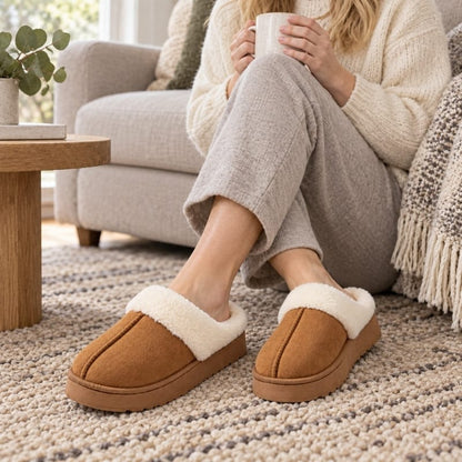 Slip-on-tofflor i brun med vit fuskpälsband och tjock sula
