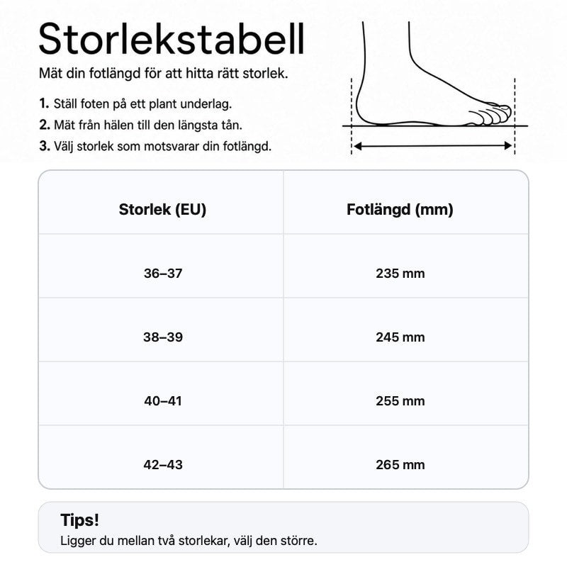 Storlekstabell för slip-on-tofflor: EU-storlek och fotlängd i mm