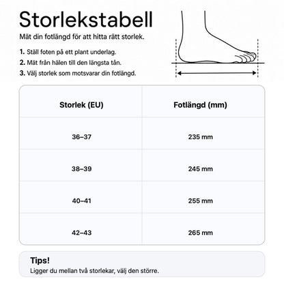 Storlekstabell för slip-on-tofflor: EU-storlek och fotlängd i mm