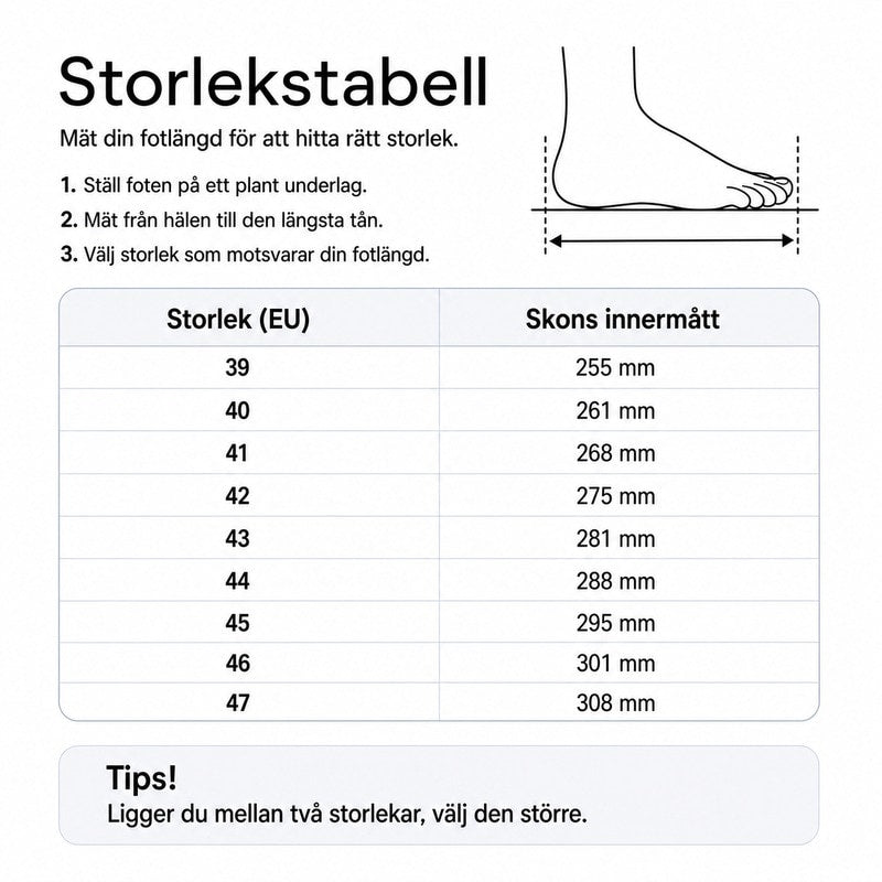 Storlekstabell för skor: innermått i mm för EU-storlekar 39–47.