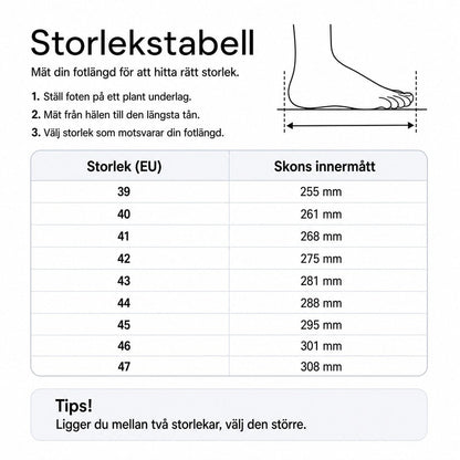 Storlekstabell för skor: innermått i mm för EU-storlekar 39–47.