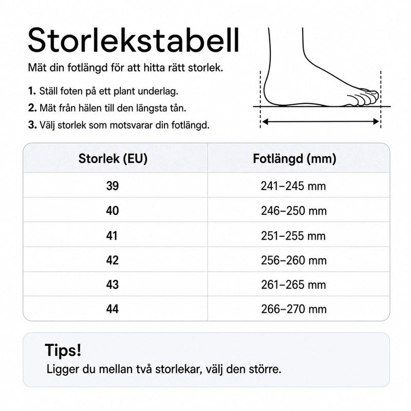 Storlekstabell för sneakers: EU-storlek 39–44 och fotlängd i mm.