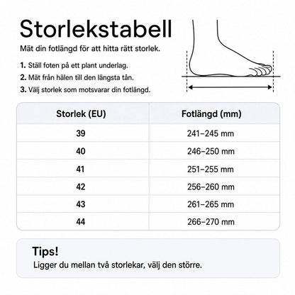 Storlekstabell för sneakers: EU-storlek 39–44 och fotlängd i mm.