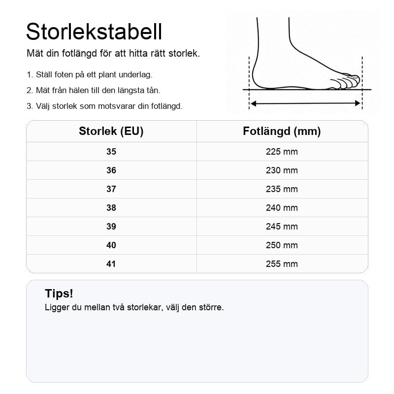 Storlekstabell (EU-storlekar 35–41) med rekommenderad fotlängd i mm.