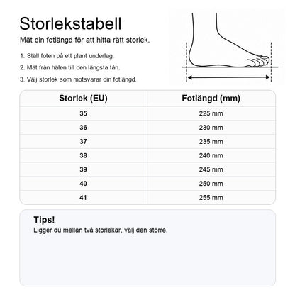 Storlekstabell (EU-storlekar 35–41) med rekommenderad fotlängd i mm.