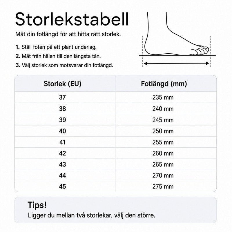 Storlekstabell för fritidsskor med EU-storlekar och fotlängd i mm